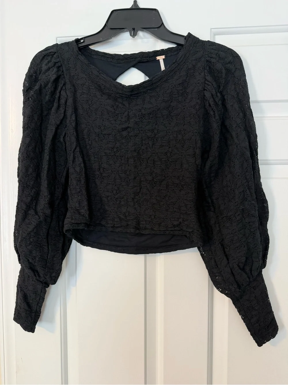 Free People Black Lace Puff-Sleeve Cropped Blouse